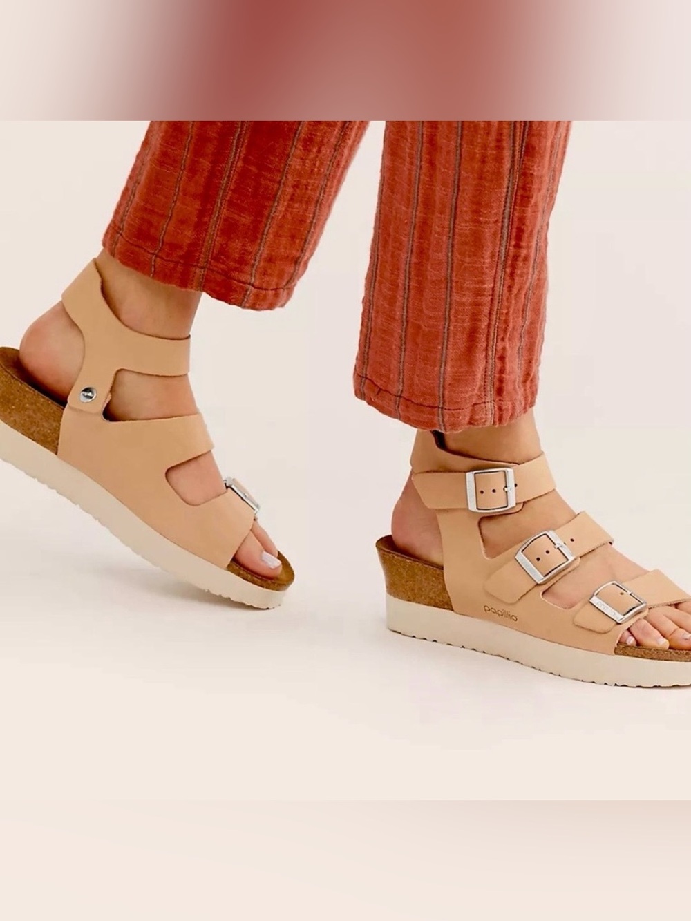 Birkenstock Papillon Linnea Wedge Three-Strap Leather Sandals in Latte